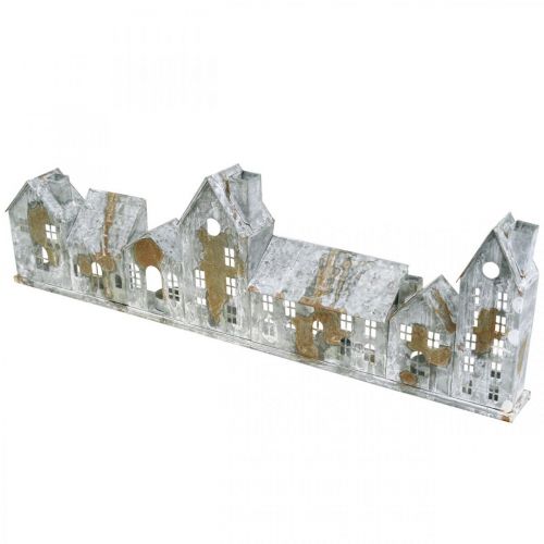 Lysende huse, vinduesdekorationer, sølvfarvede lyshuse, metallanterne i antikt udseende, L67,5 cm H20 cm | Floristik24.dk