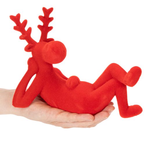 Dekorativ rød rensdyrfigur, liggende, moderne design, 24 cm, 2 stk. | Floristik24.dk
