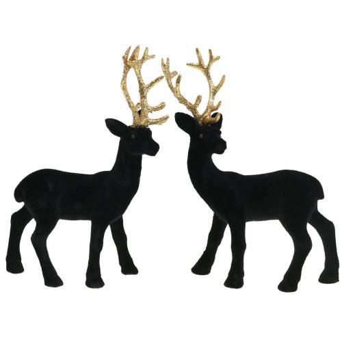 Artikel Dekorativ hjorte flokket sort, guld 20cm 2 stk
