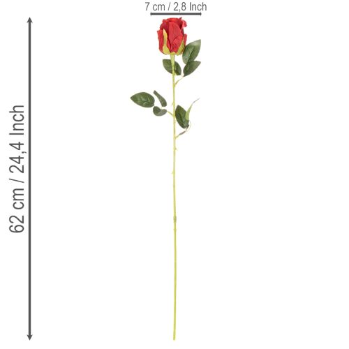 Kunstig rose med lang stilk, rød kunstig blomst, 62 cm, 12 stk. | Floristik24.dk
