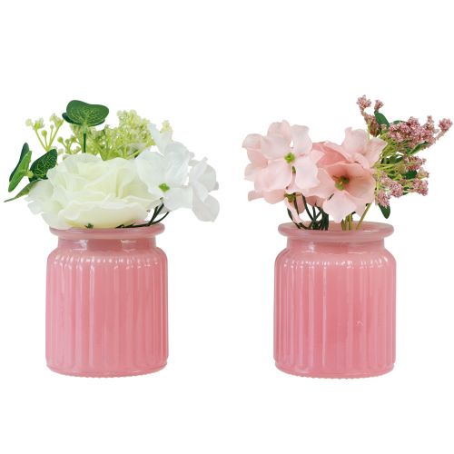 Artikel Kunstig rose i glaskrukke pink hvid H16cm 2stk