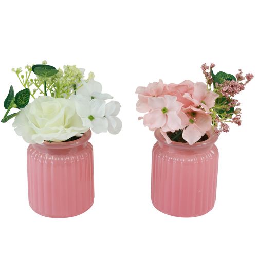 Floristik24 Kunstig rose i glaskrukke pink hvid H16cm 2stk