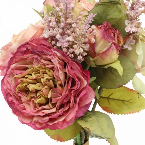 Artikel Kunstige roser i en flok efterårsbuket pink, violet H36cm