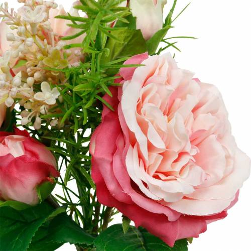 Artikel Buket kunstige roser i en flok lyserøde silkeblomsterbuket