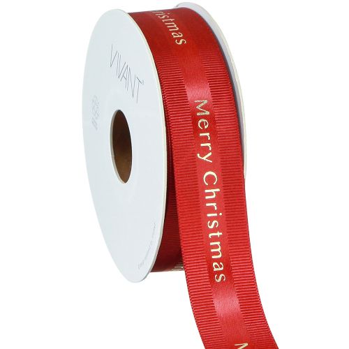 Artikel Rødt julebånd med guld &#39;Merry Christmas&#39; bogstaver, bredde 25mm, længde 20m