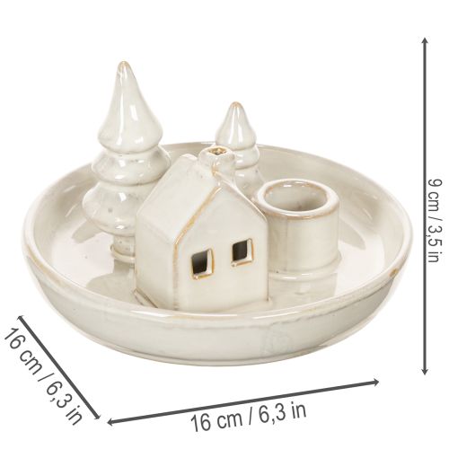 Dekorativ keramisk lysestage med hus og træer, 16 cm | Floristik24.dk