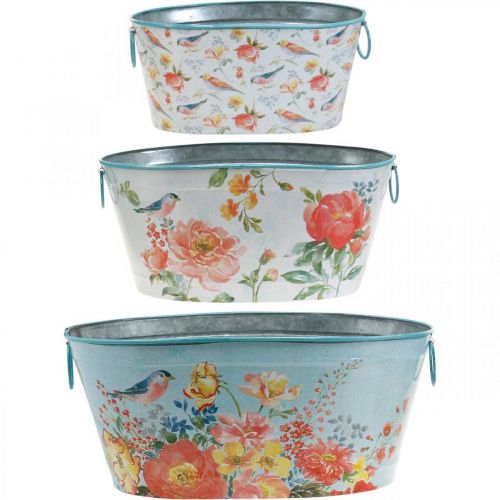 Artikel Planteskåle, forår, urtepotte blomster/fugle, metalbeholder oval L39/31/24,5 cm sæt med 3