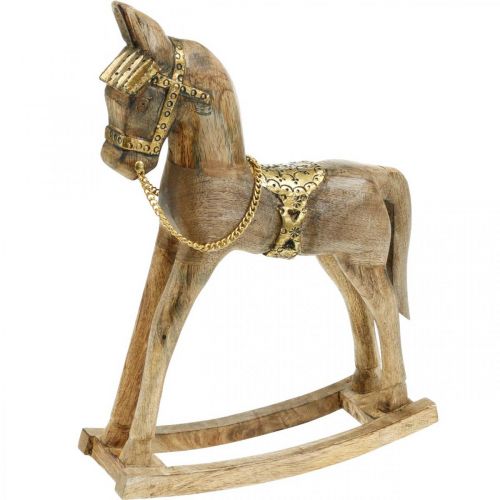 Dekorativ gyngehest træ massiv julenatur, gylden 28 × 39 × 9,5cm