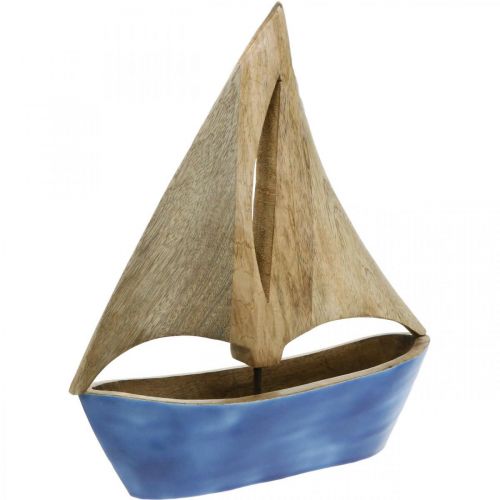 Artikel Deco sejlbåd træ mango, træskib blå H27,5cm