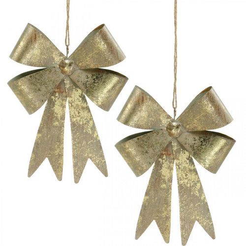 Sløjfer af metal, julevedhæng, adventsdekoration gyldent, antikt look H18cm B12,5cm 2stk