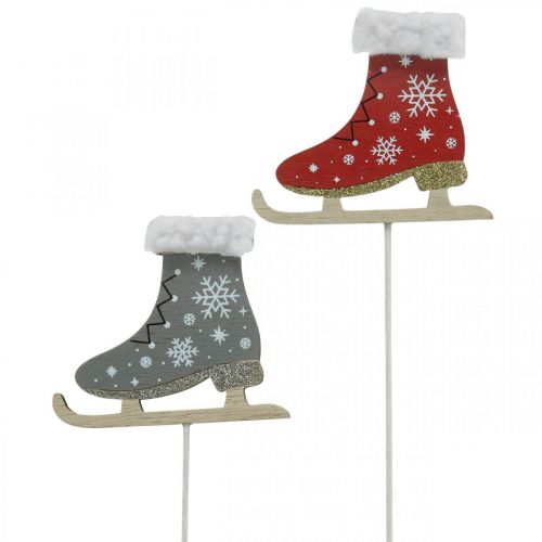 Deco-stik skøjter, juledekoration, træprop grå, rød L32cm 8 stk.
