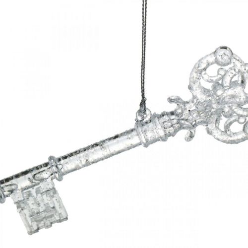 Artikel Juletræs dekorationsnøgle, advent, træ vedhæng med glitter transparent / sølv L14,5cm plastik 12stk