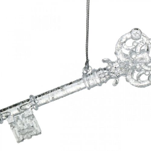Floristik24 Juletræs dekorationsnøgle, advent, træ vedhæng med glitter transparent / sølv L14,5cm plastik 12stk