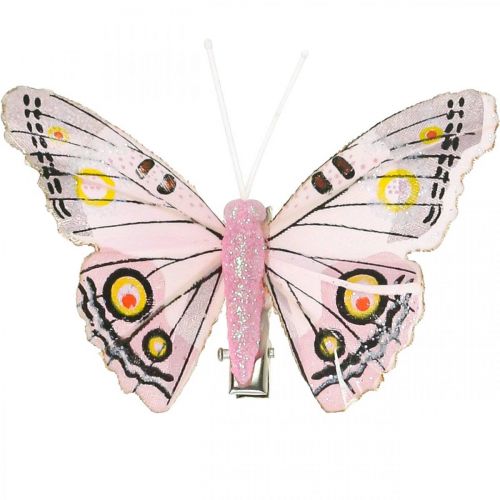 Deco sommerfugle med klip, fjer sommerfugle pink 4,5-8cm 10p