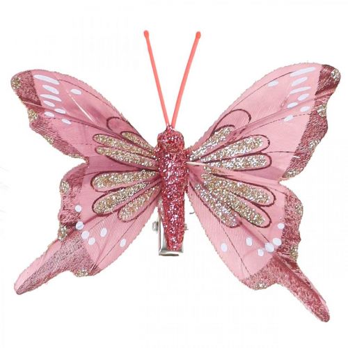 Artikel Deco sommerfugle med clips, fjersommerfugle pink 4,5–8 cm 10 stk.