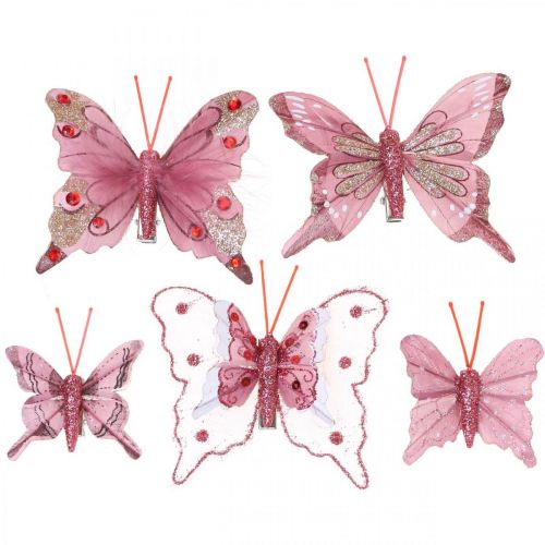 Floristik24 Deco sommerfugle med clips, fjersommerfugle pink 4,5–8 cm 10 stk.