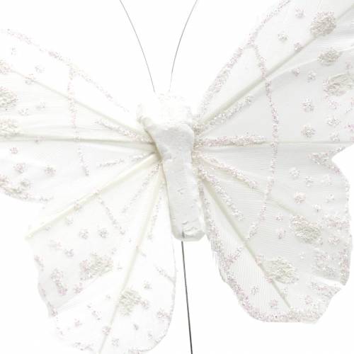 Fjer sommerfugl på tråd hvid med glitter 10cm 12stk