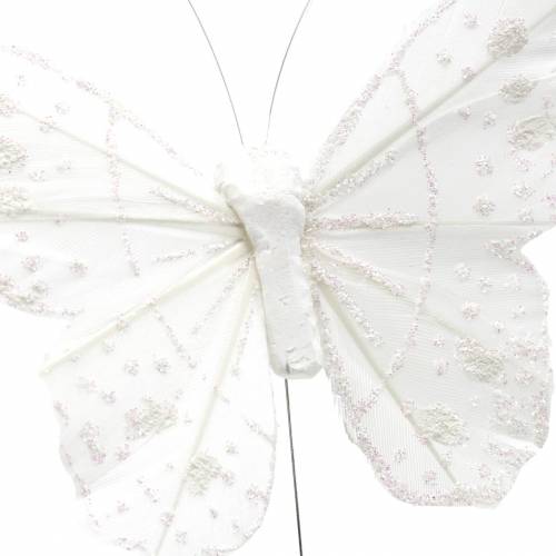 Floristik24 Fjer sommerfugl på tråd hvid med glitter 10cm 12stk