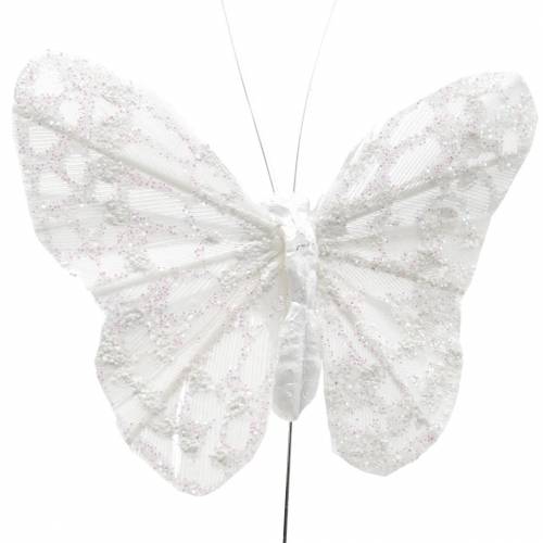 Floristik24 Fjer sommerfugl med tråd hvid, glitter 5cm 24 stk