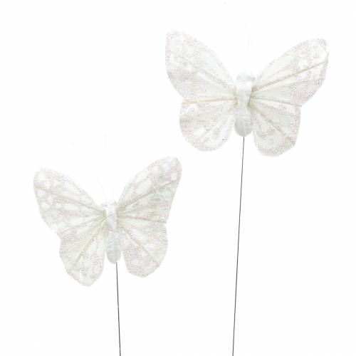 Floristik24 Fjer sommerfugl med tråd hvid, glitter 5cm 24 stk