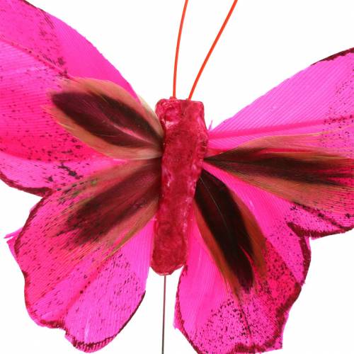 Artikel Fjer sommerfugl med tråd 7cm pink lilla 24stk