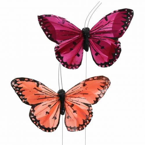 Floristik24 Fjer sommerfugl med tråd farve laks og lilla 10cm 12 p