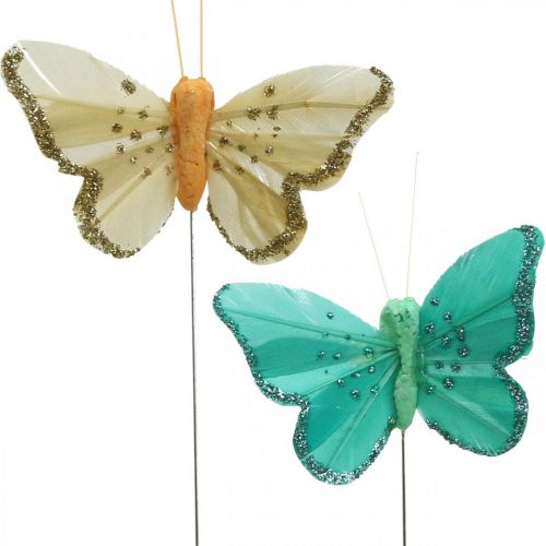 Sommerfugl med glitter, deco-stik, fjersommerfugl fjedergul, turkis, grøn 4×6,5cm 24stk.
