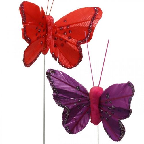 Floristik24 Forår, fjersommerfugle med glimmer, dekorativ sommerfugl rød, orange, pink, violet 4×6,5cm 24 stk.