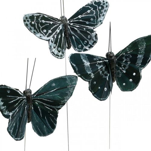 Artikel Fjer sommerfugle sort og hvid, sommerfugle på tråd, kunstige møl 5,5×9cm 12stk