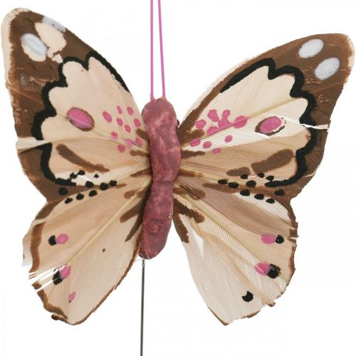 Floristik24 Fjersommerfugle, dekorative sommerfugle på pind, blomsterpropper pink, orange, violet, brun, blå, beige 6×8cm 12 stk.