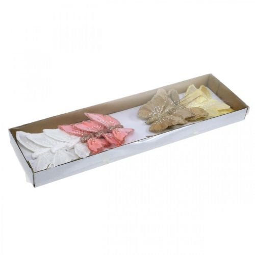Floristik24 Sommerfugle med glimmer, bryllupsdekoration, pyntestik, fjersommerfugl gul, beige, pink, hvid 9,5×12,5cm 12 stk.