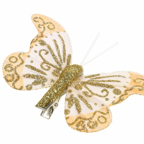 Fjer sommerfugl på klip guld glitter 10stk