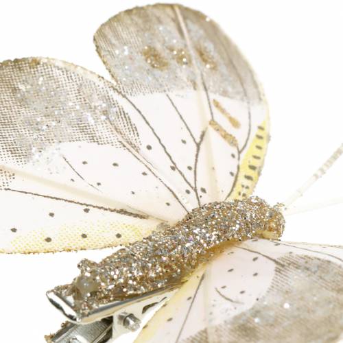 Artikel Fjer sommerfugl på klip champagne glitter 10stk