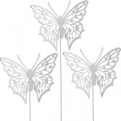 Floristik24 Blomsterstik sommerfugl, havedekoration metal, plantestik shabby chic hvid, sølv L51cm 3 stk.