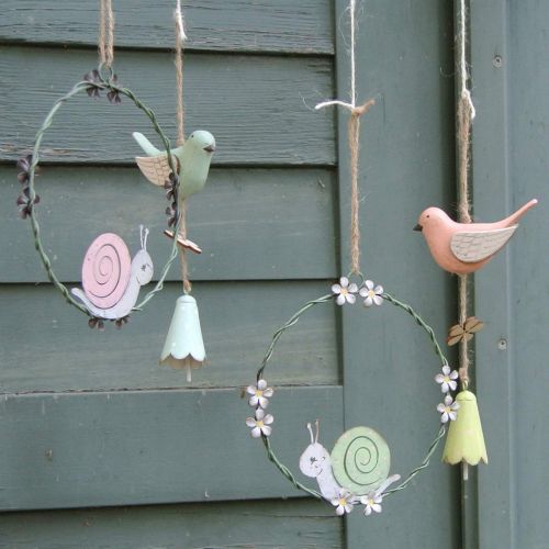 Floristik24 Dekorativ ring med snegl, forårsdekoration, metaldekoration grøn/pink Ø14,5cm sæt af 2 stk.