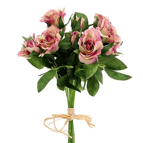Silkestof blomster buket med roser L26cm mørk pink 3stk | Floristik24.dk