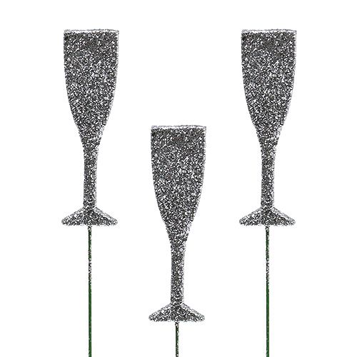 Floristik24 Champagneglas med glitter sølv 8cm L28cm 24stk
