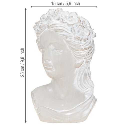 Artikel Skulptur kvindebuste støbt sten plantekasse grå antik 15×14×25cm