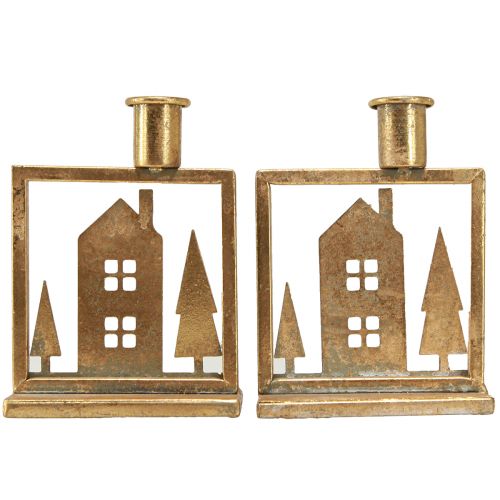 Artikel Pind lysestage julehus antik guld look 10×6×14cm 2stk