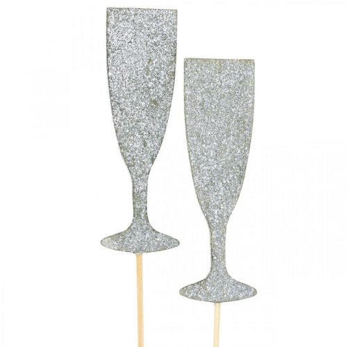 Artikel Nytårsaften dekoration champagneglas sølv blomsterprop 9cm 18stk