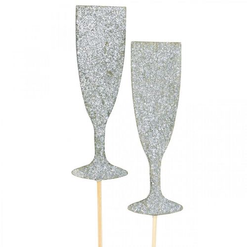 Nytårsaften dekoration champagneglas sølv blomsterprop 9cm 18stk