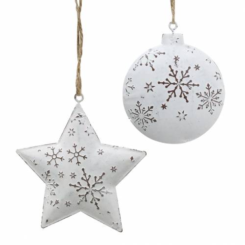 Dekorativ bøjlerestjerne og juletræskugle med snefnug metal hvid Ø9,5 / 7,6cm H10 / 9,2cm 4stk