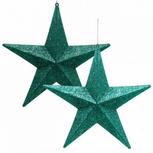 Floristik24 Glitterstjerner til at hænge smaragd/benzin Ø21cm 2stk