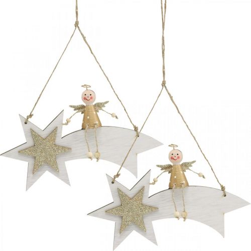 Artikel Engel på stjerneskud, juledekoration til at hænge, adventshvid, gylden H13cm B21,5cm 2stk