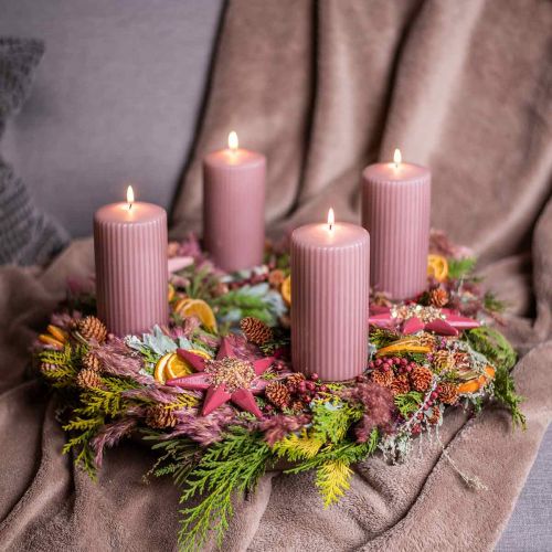Søjlelys antik pink rillet lys 70/130mm 4stk