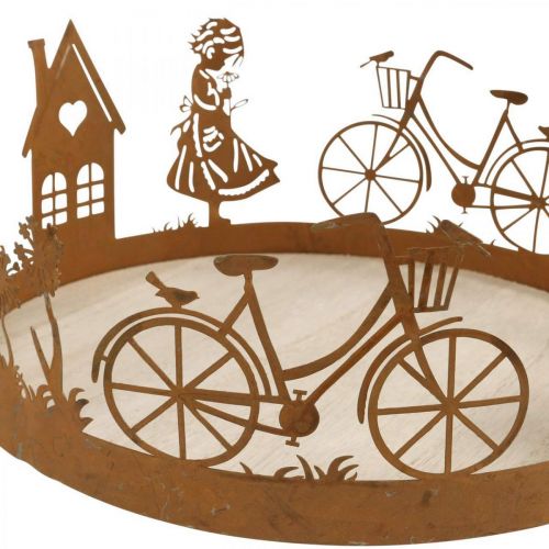 Artikel Dekorativ bakkepige med blomst, metaldekoration med cykelhus mælkebøtte patina Ø24cm H11cm