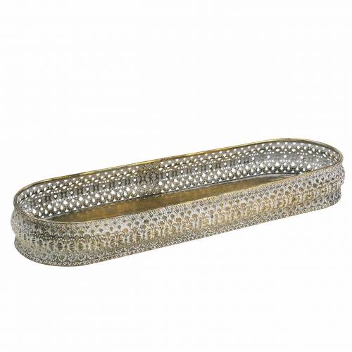 Floristik24 Dekorativ bakke oval antik guld, hvid 40,5 × 14 cm