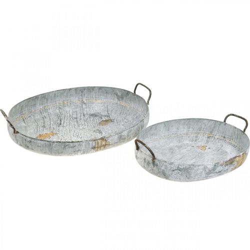 Metalskål med håndtag, plantekasse, dekorativ bakke antik look hvidvasket L51/40,5 cm sæt med 2 stk.