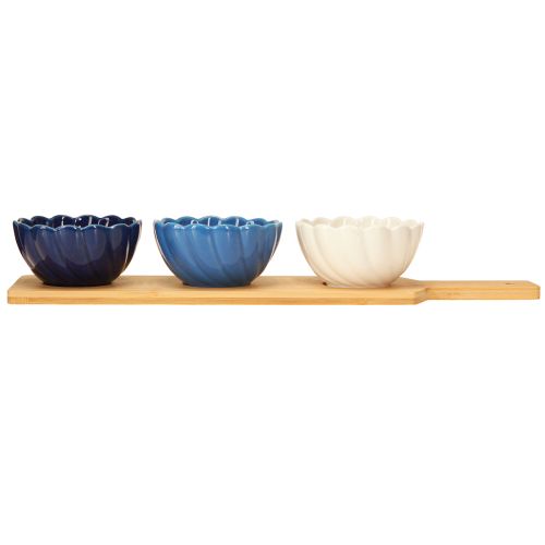 Artikel Tapassæt med keramiske skåle på bakke blå og hvid 40×10cm