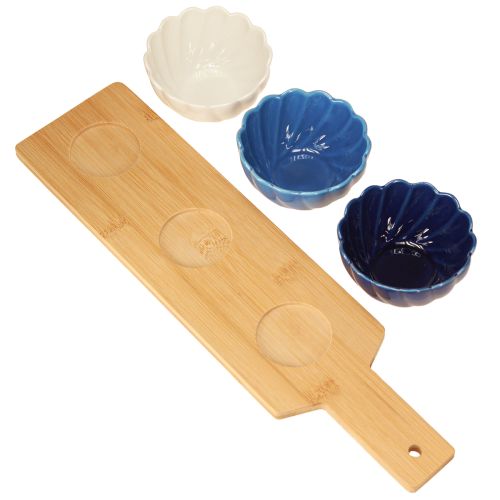 Artikel Tapassæt med keramiske skåle på bakke blå og hvid 40×10cm